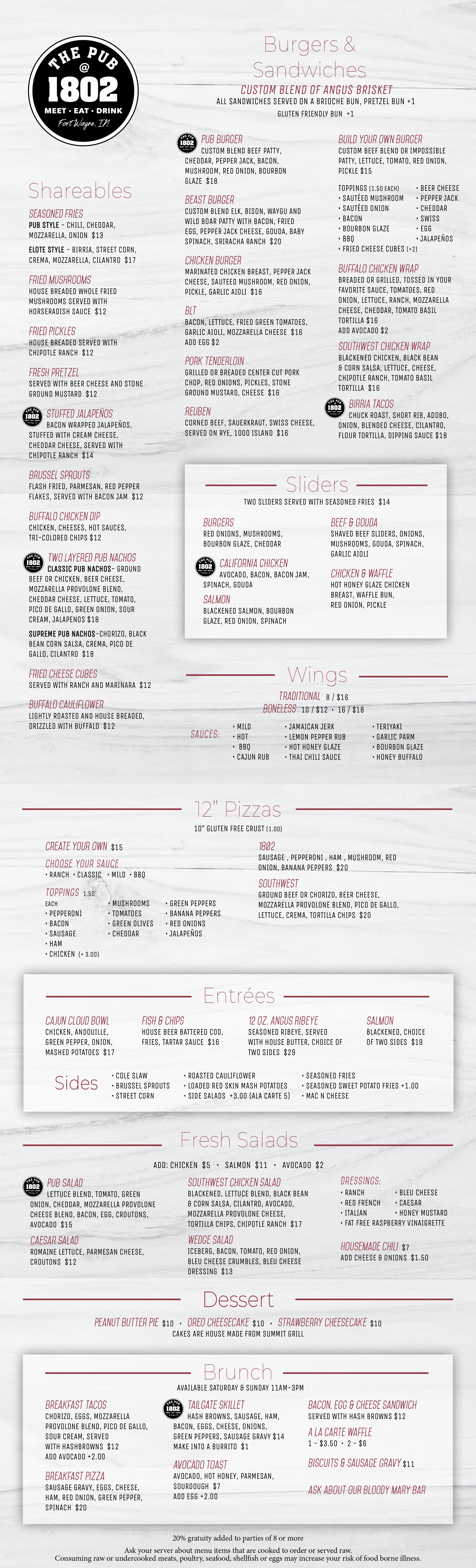 Pub At 1802 Full Menu