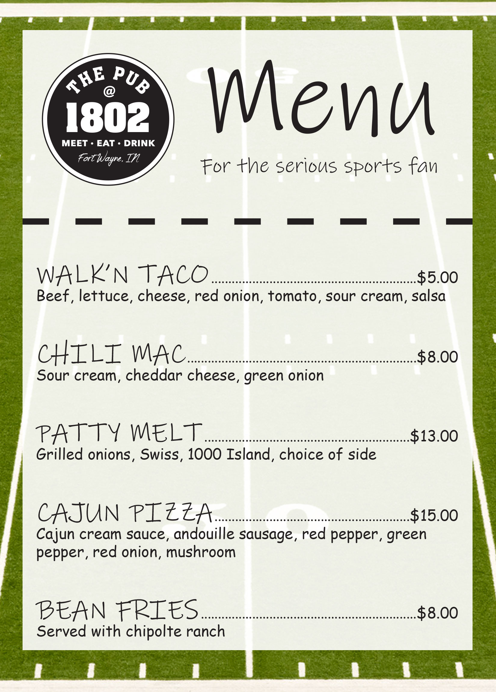 Football Day Menu Features Pub 1802